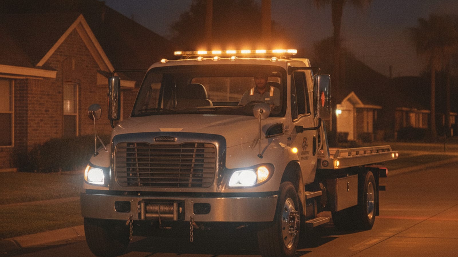 A Quick Tow Corpus Christi flatbed truck responding at night with amber lights on along a Corpus Christi street