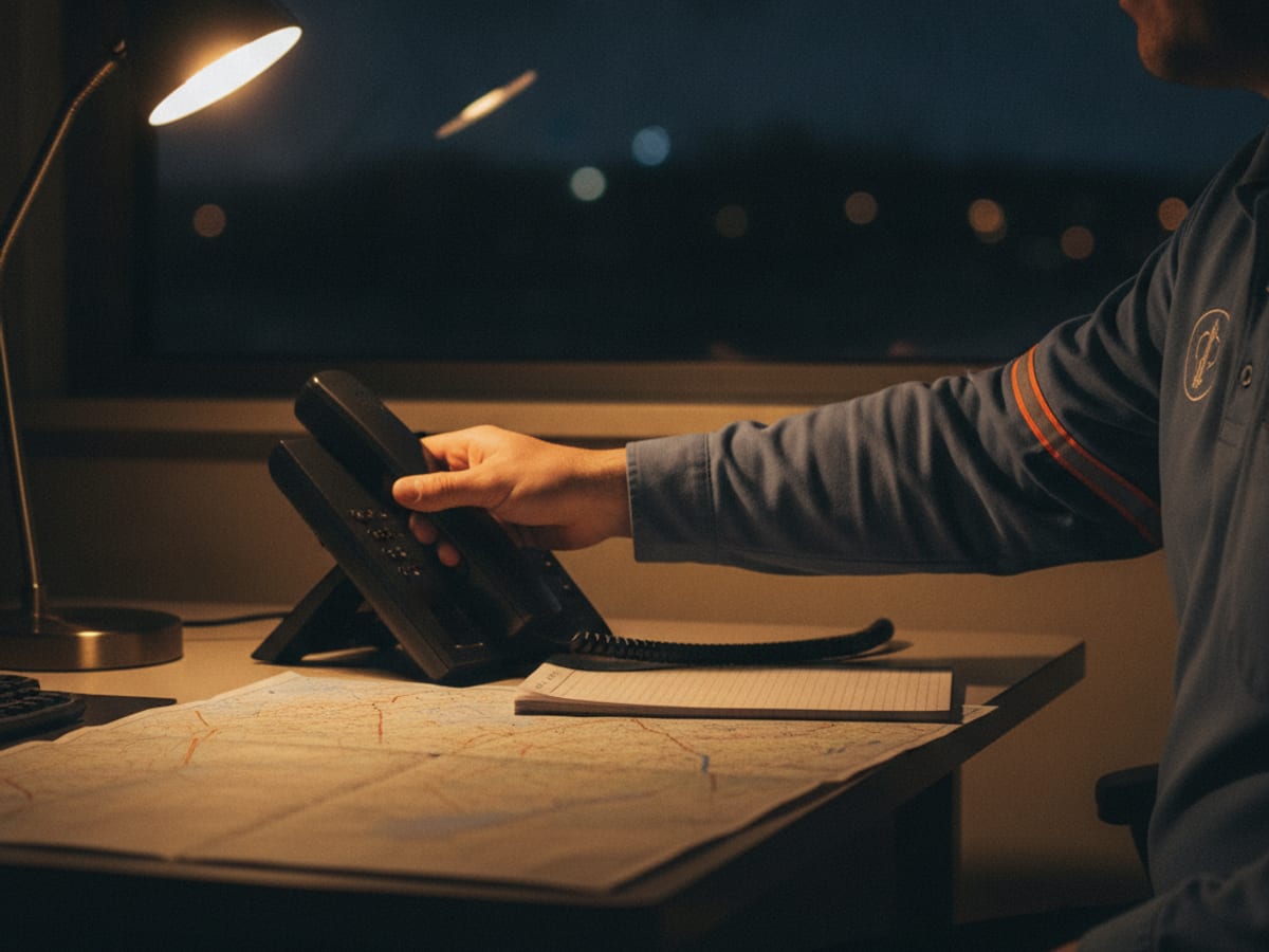 Close-up of a Quick Tow Corpus Christi dispatcher answering a phone call at a nighttime dispatch desk
