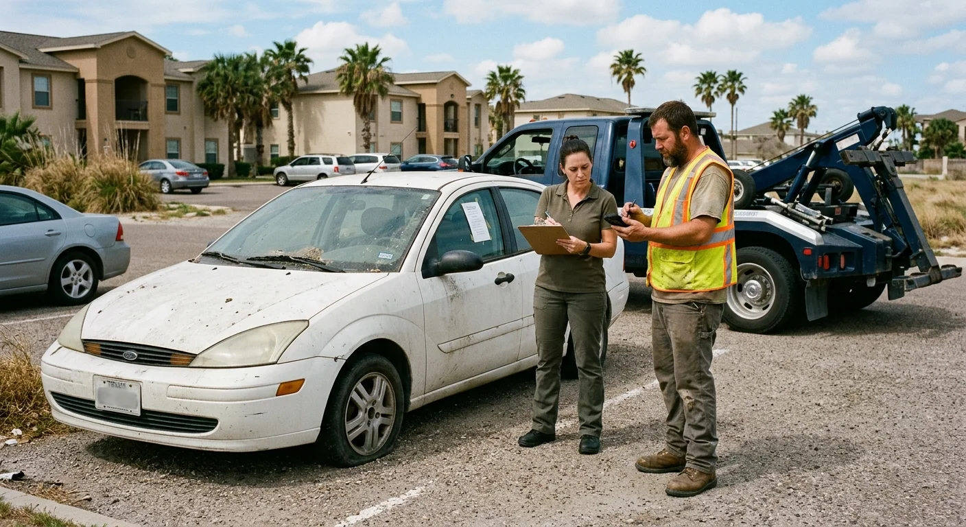 Property manager and towing operator documenting a car at a Corpus Christi rental
