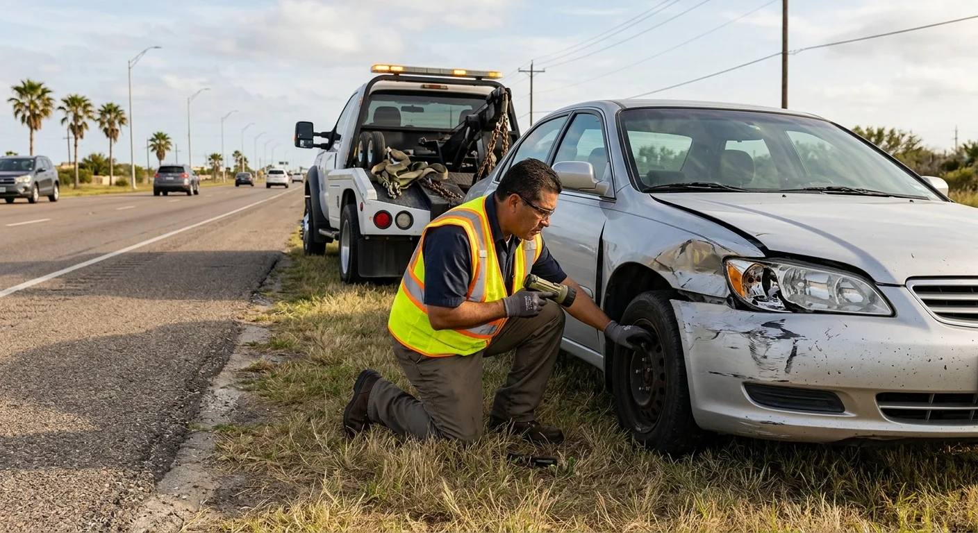 Independent recovery operator assessing a damaged car beside a Corpus Christi roadway