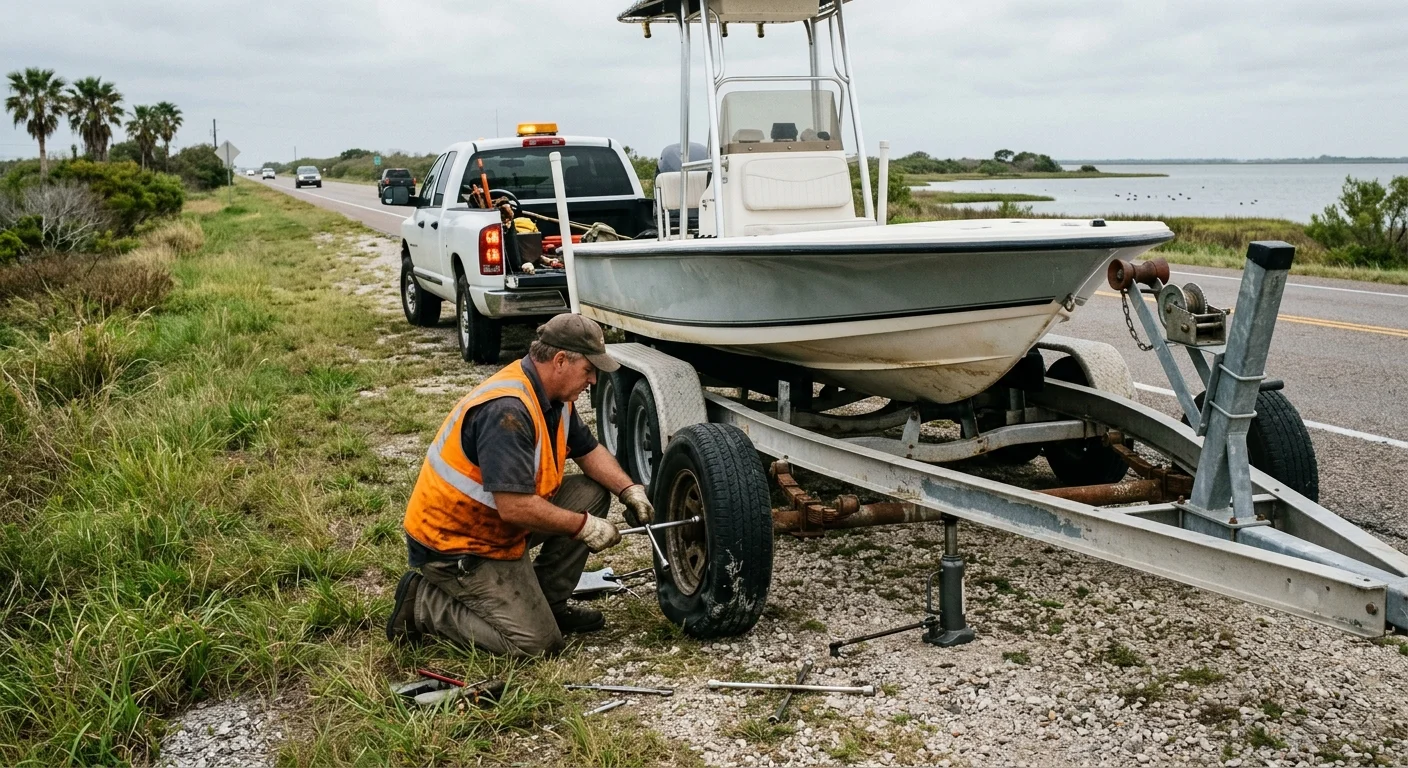Disabled boat trailer receiving help from an operator near Rockport, Texas