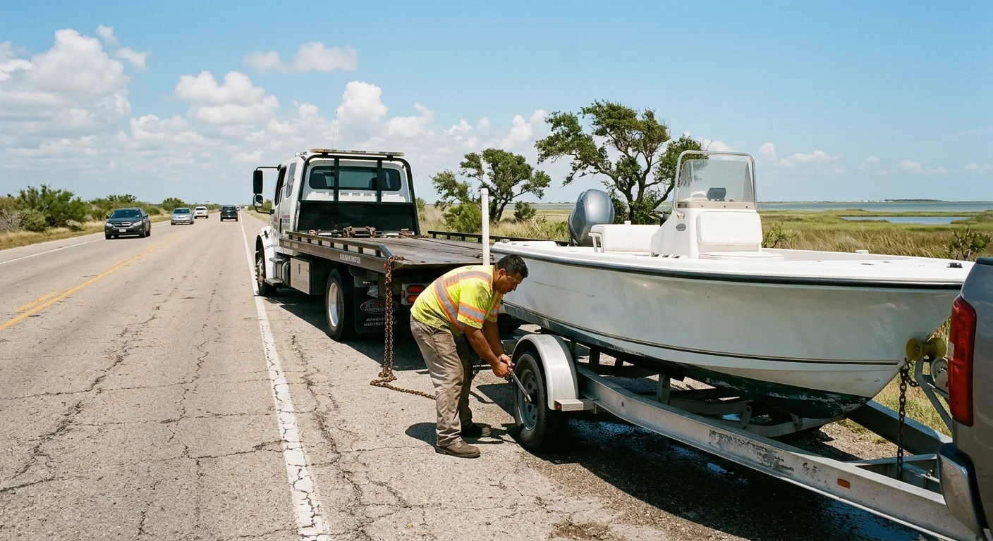 A tow truck helps a boat trailer stopped near Corpus Christi