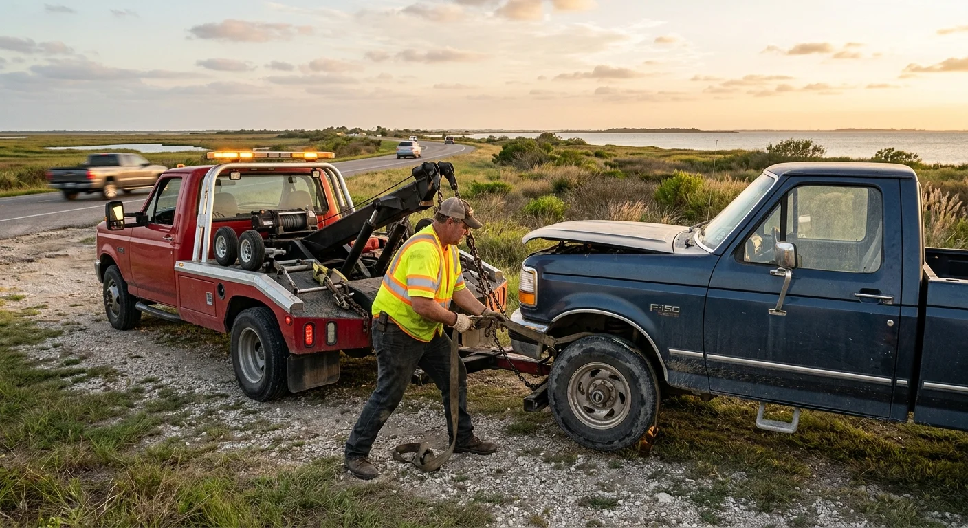 A disabled pickup receiving roadside help near Fulton, Texas
