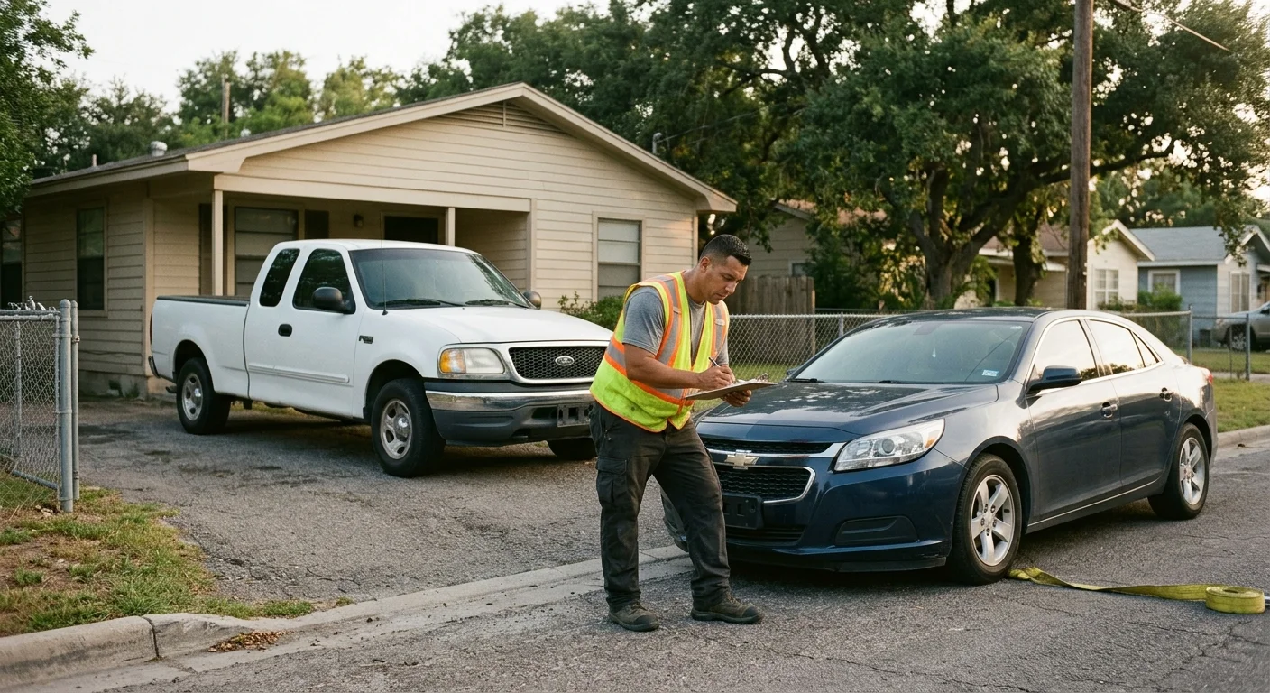 A vehicle parked across a residential driveway while a tow operator assesses the entrance