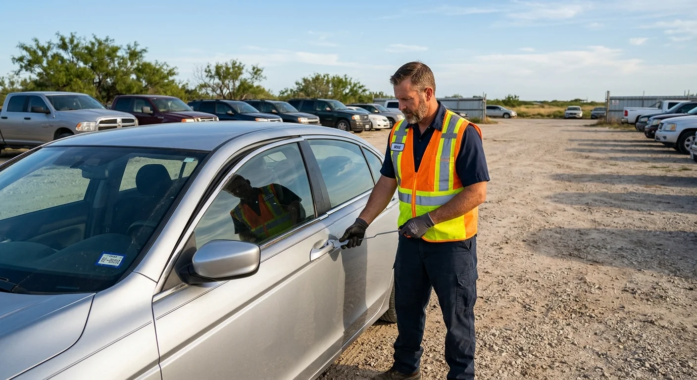 An operator opens a locked car door in a Corpus Christi lot