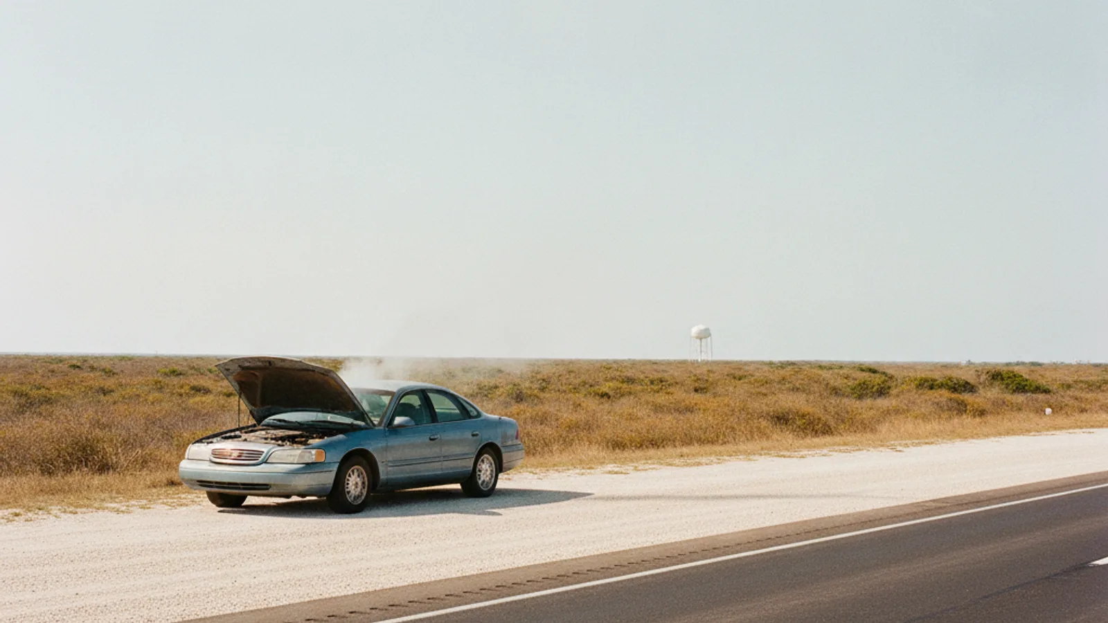 A car pulled onto the shoulder of a Corpus Christi highway with steam rising from under the hood on a hot sunny afternoon