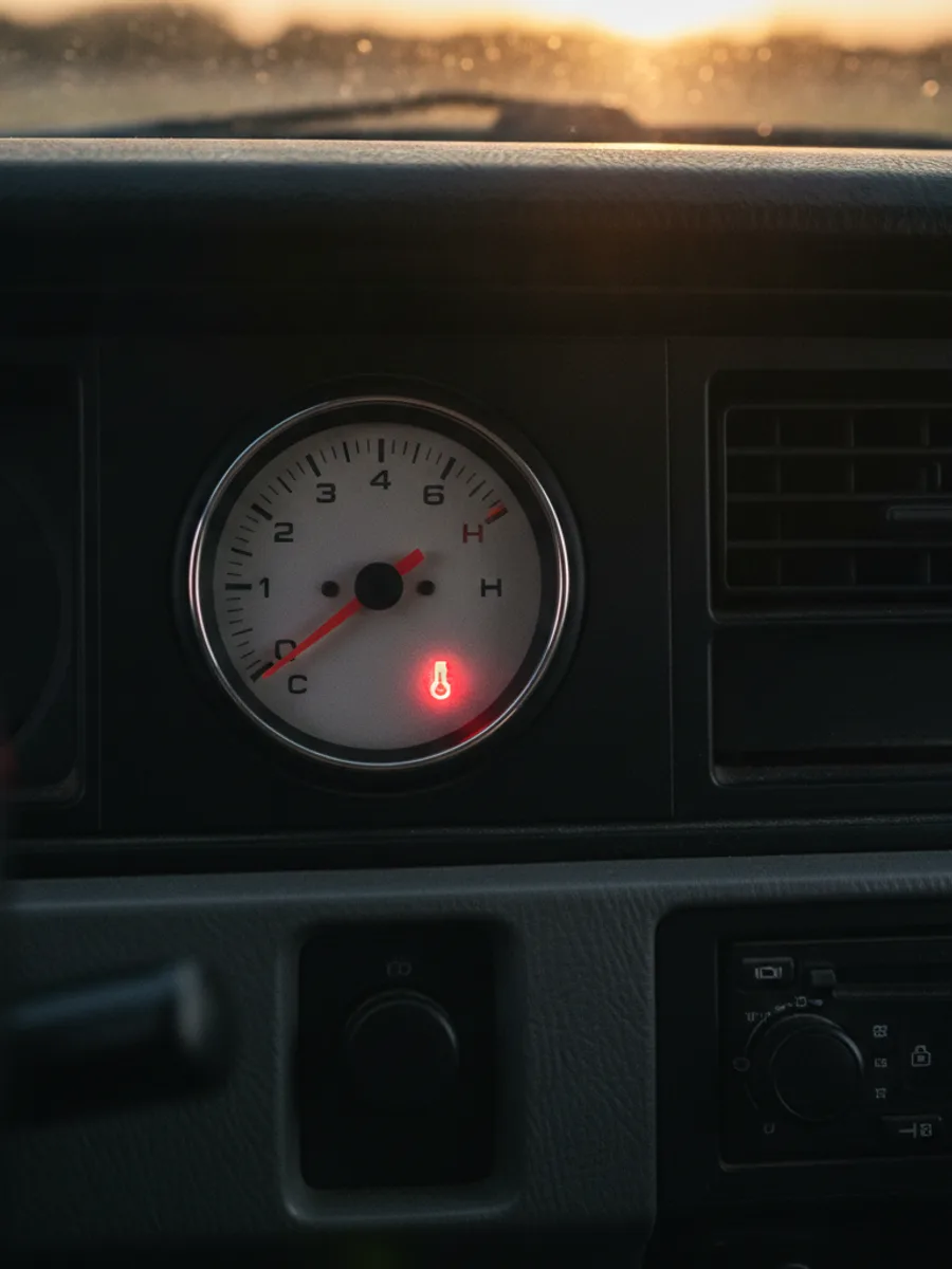 Close up of a car temperature gauge needle pushed into the red hot zone on the dashboard