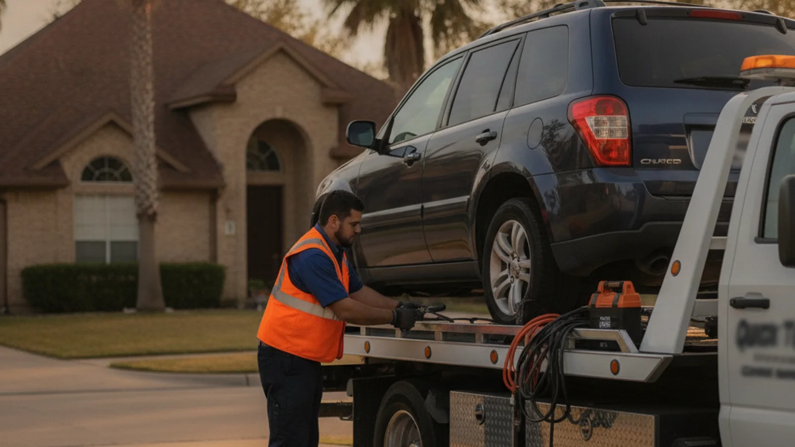 A tow operator connecting jumper cables to a car battery in a Corpus Christi parking lot on a hot sunny day
