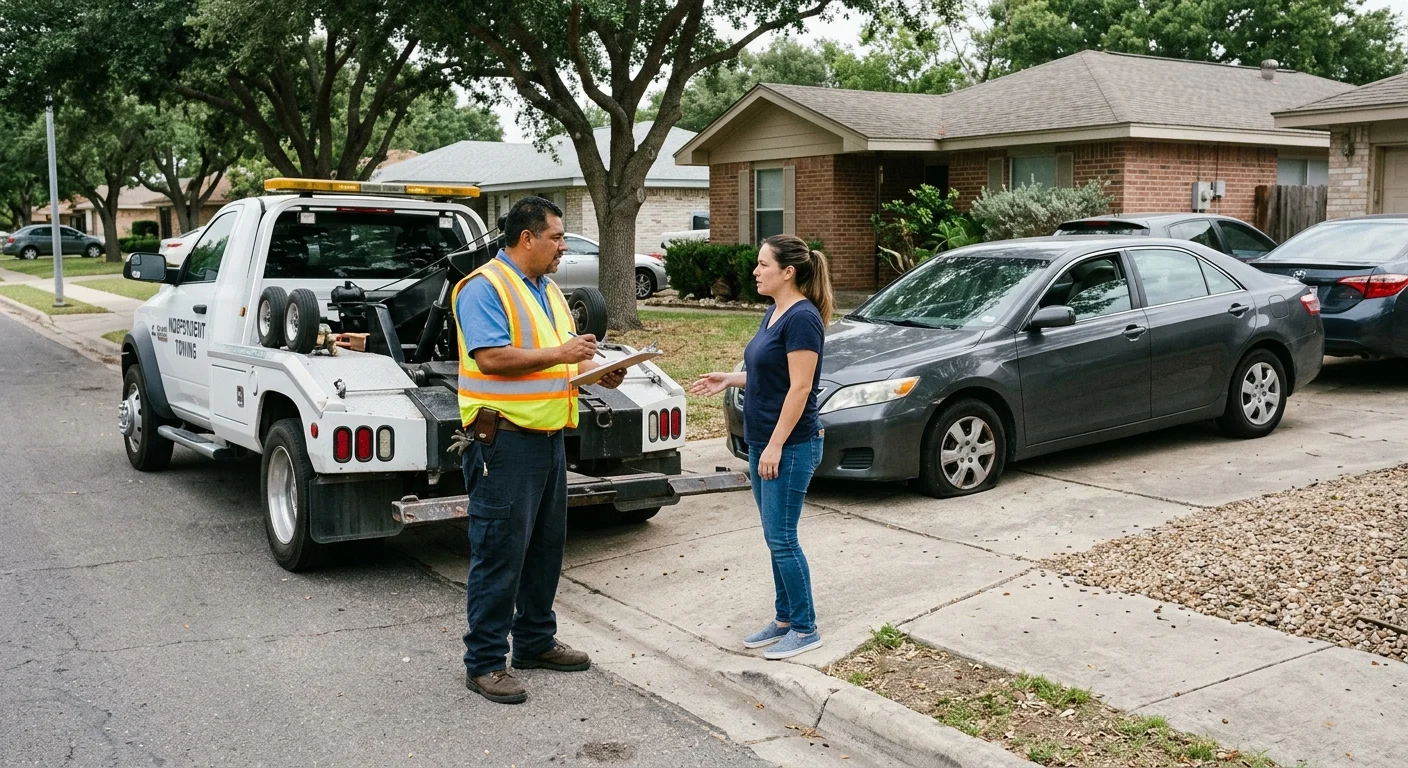 Disabled sedan in a Corpus Christi driveway with a driver and independent tow operator at the curb