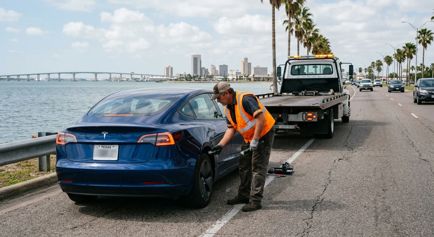 Independent tow operator assessing a disabled electric car in Corpus Christi