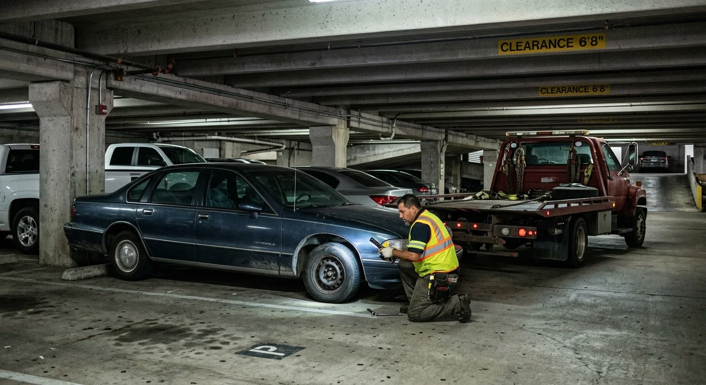 Independent tow operator assessing a disabled car in a low-clearance parking garage
