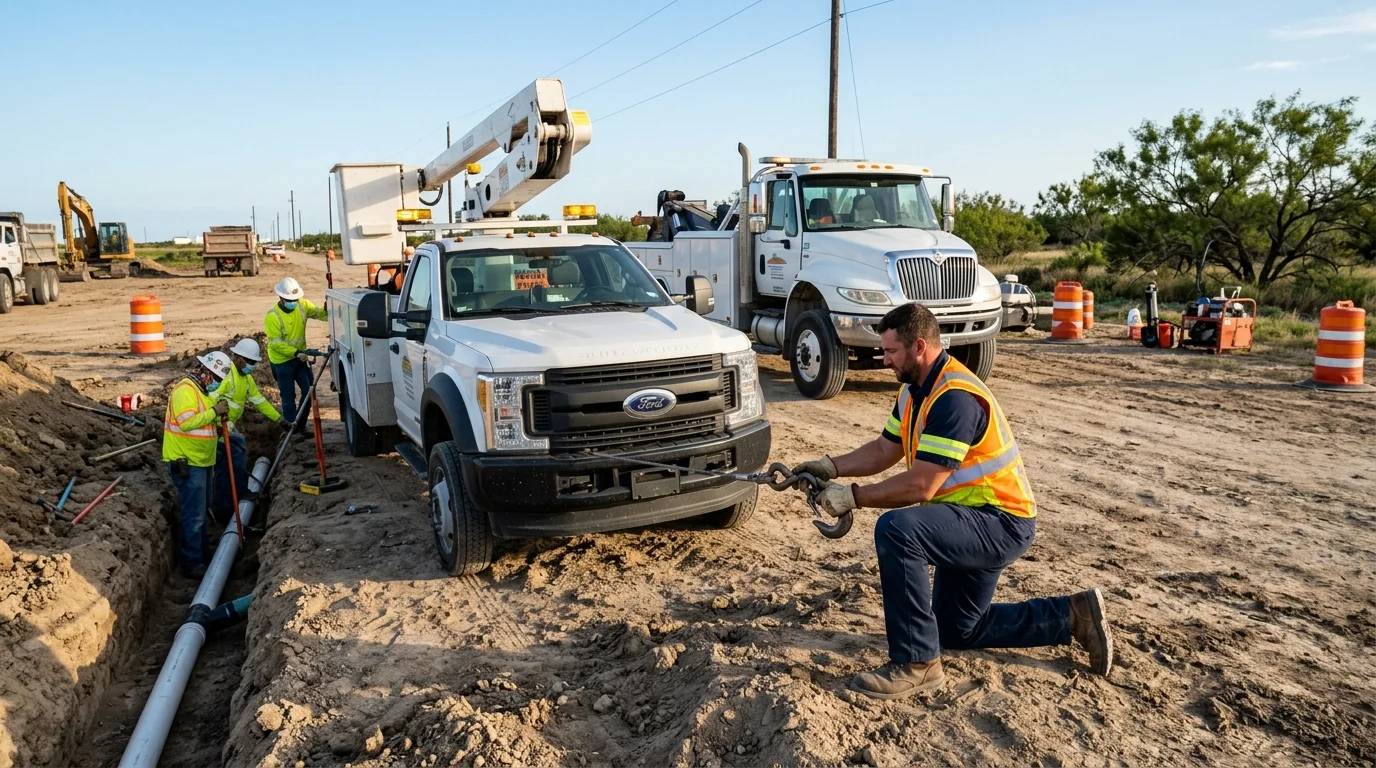An operator helps a work truck crew on a Corpus Christi jobsite