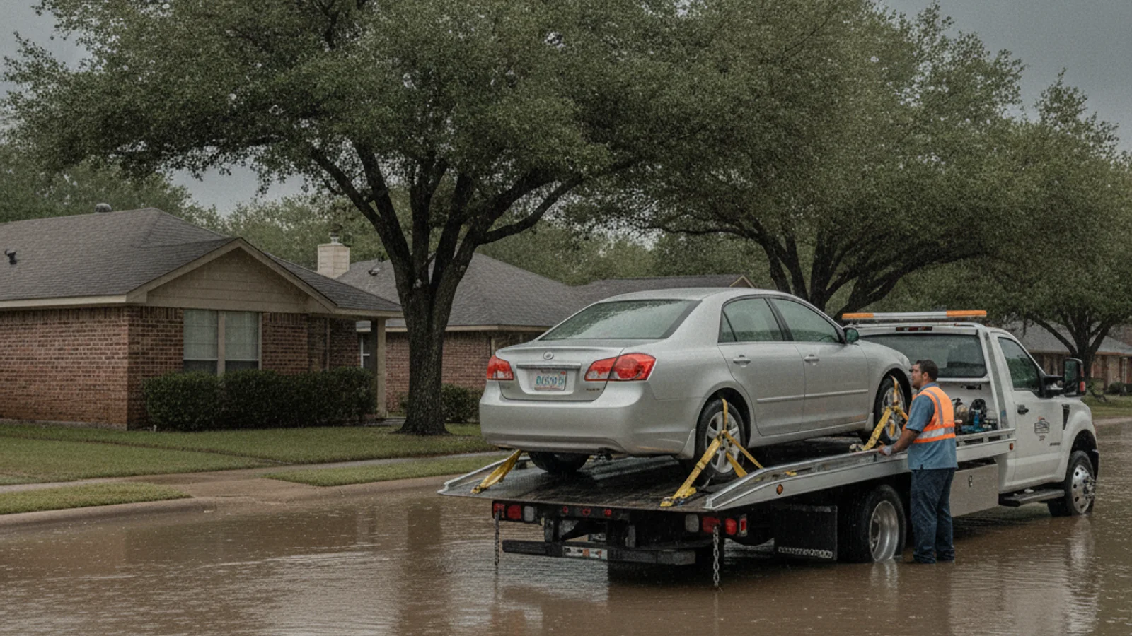 A flatbed tow truck loading a flood damaged sedan off a Corpus Christi street with standing water still on the road