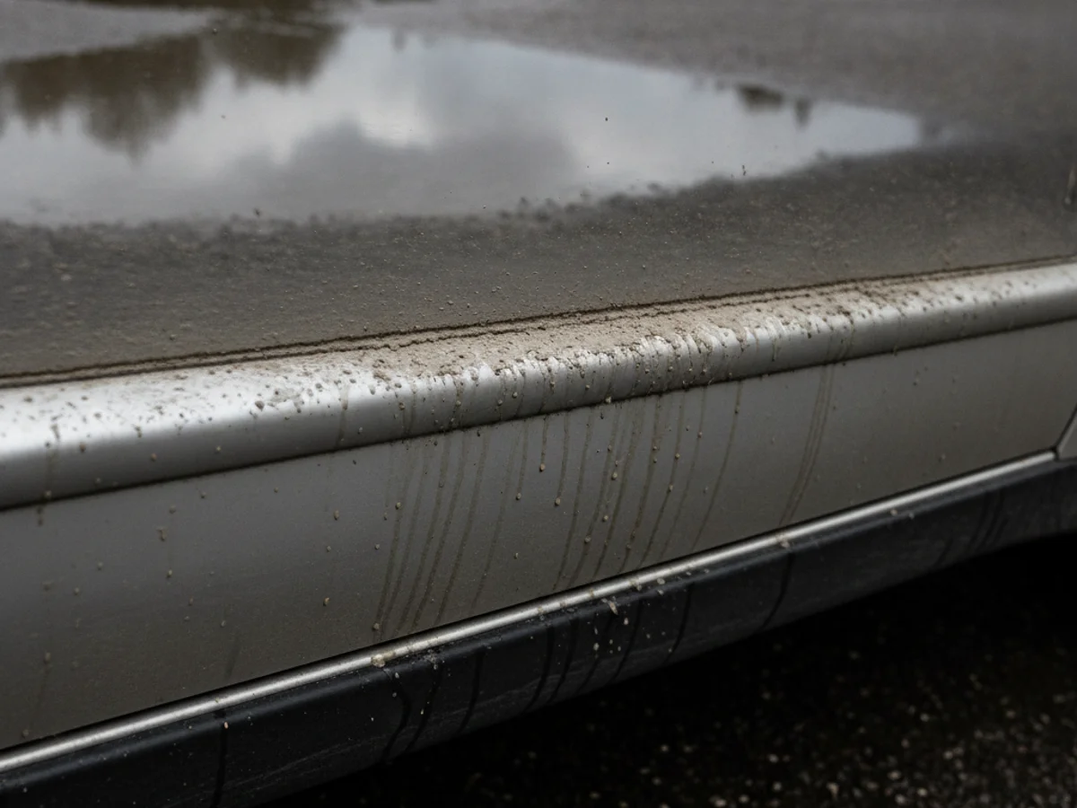 Close up of a water line left on a car door after flood water receded on a Corpus Christi street