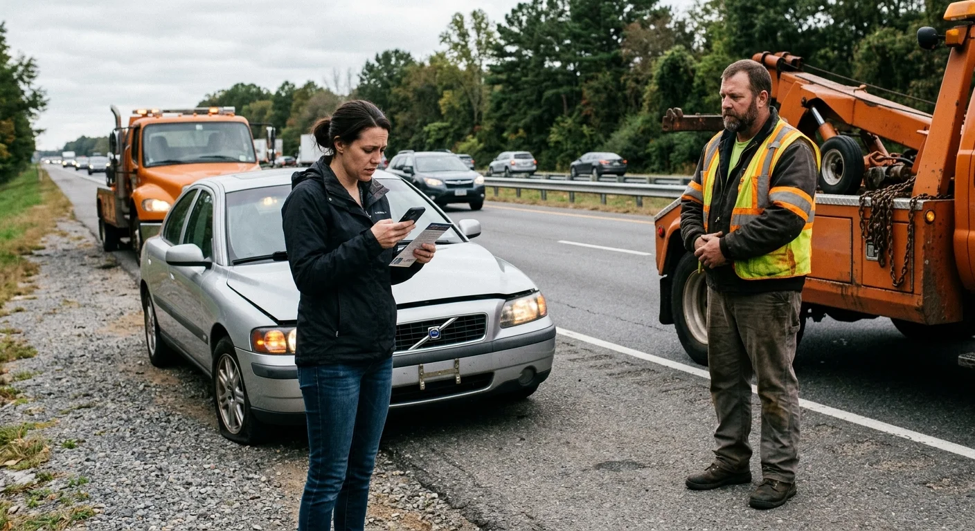 Stranded driver checking roadside benefit info beside a disabled sedan