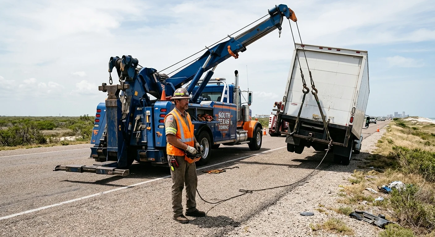 A heavy-duty wrecker lifts a box truck near Corpus Christi