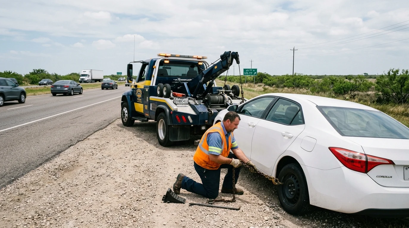 A tow truck on the Highway 77 shoulder north of Corpus Christi