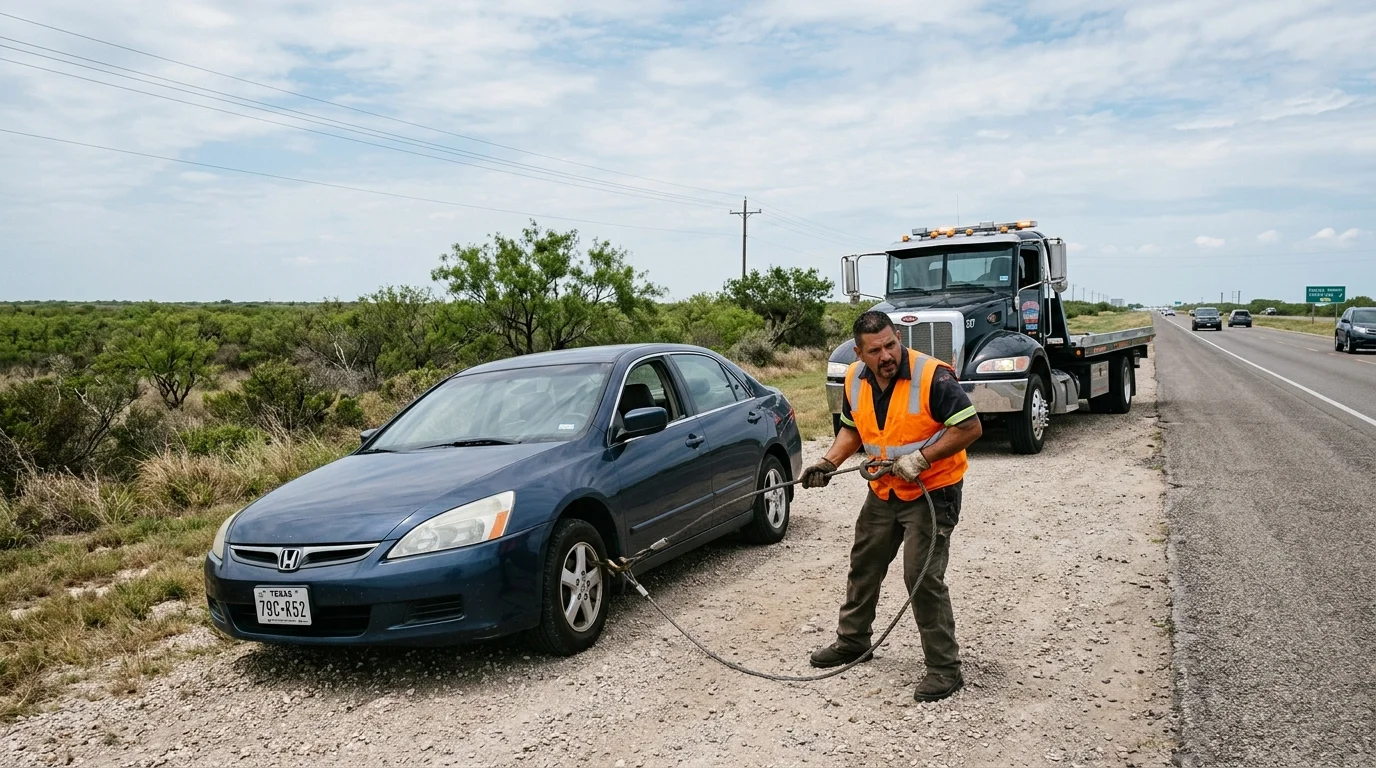 A tow truck arrives at a roadside breakdown in Corpus Christi