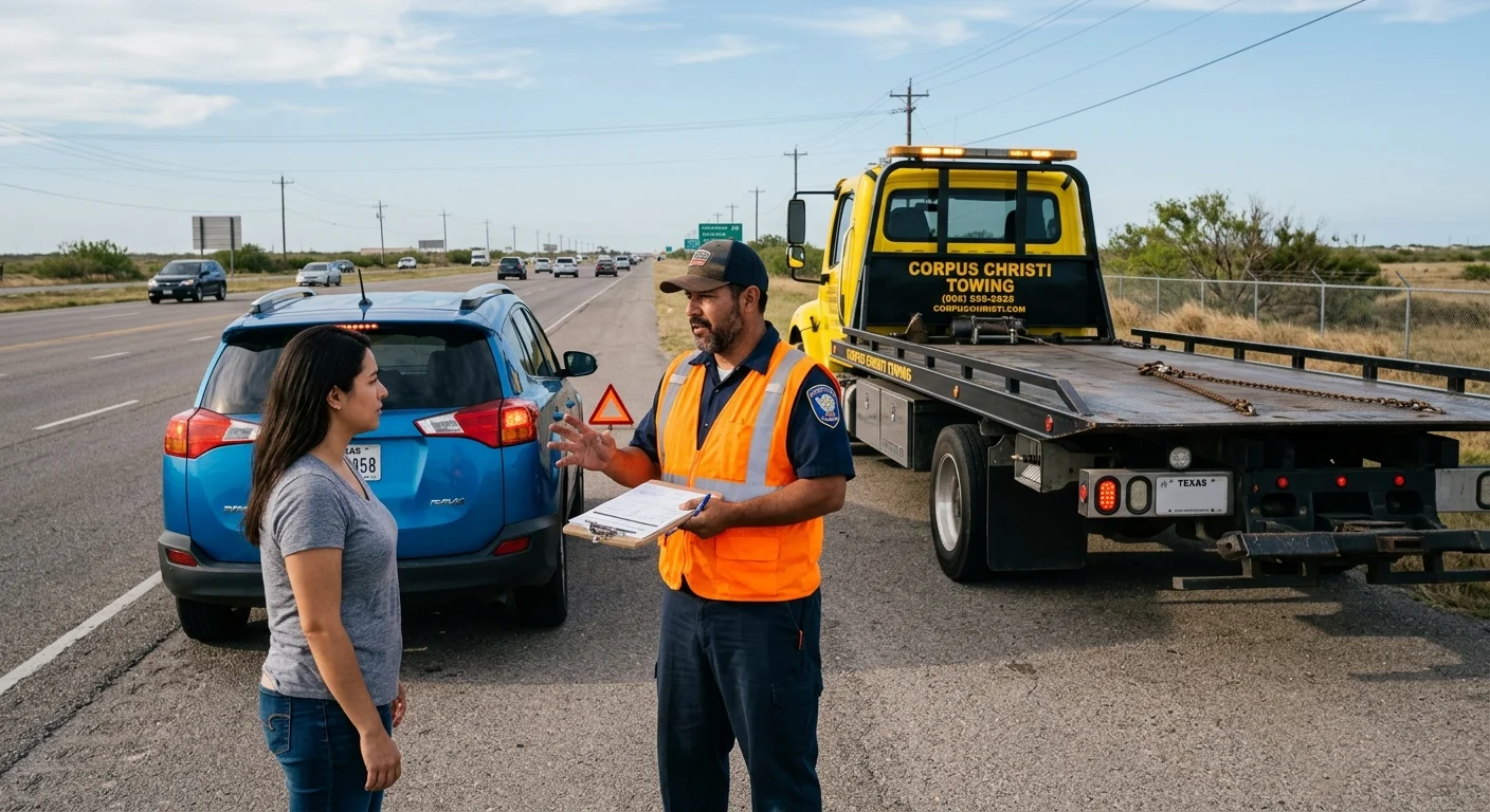 A tow operator quotes a roadside price to a driver in Corpus Christi