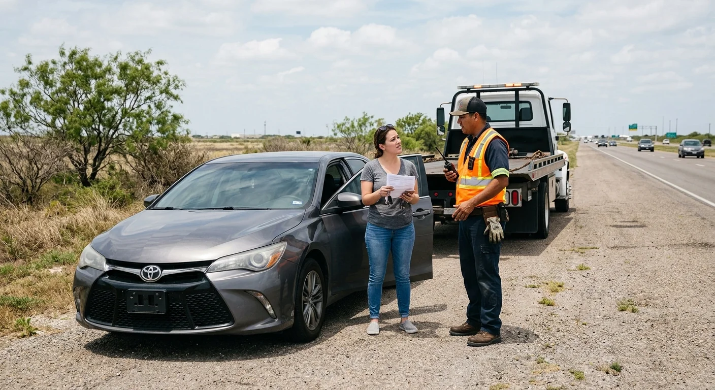 A tow operator speaks with a driver beside a truck in Corpus Christi