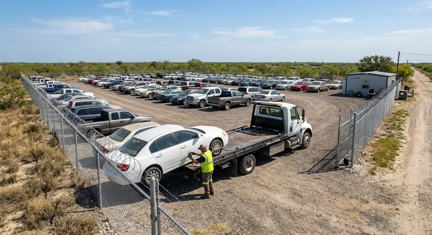 Cars parked inside a fenced vehicle storage lot in south Texas