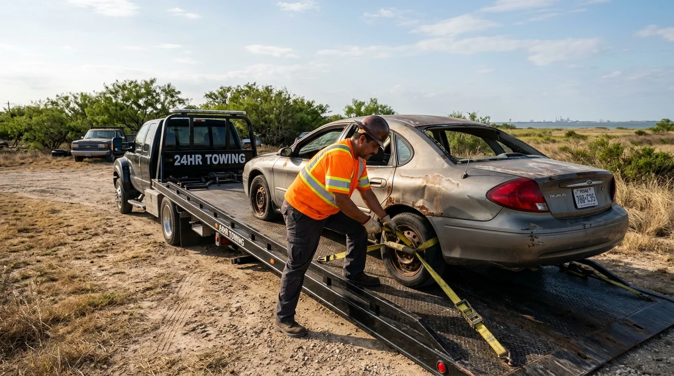 A tow operator loads a scrap car for free pickup in Corpus Christi