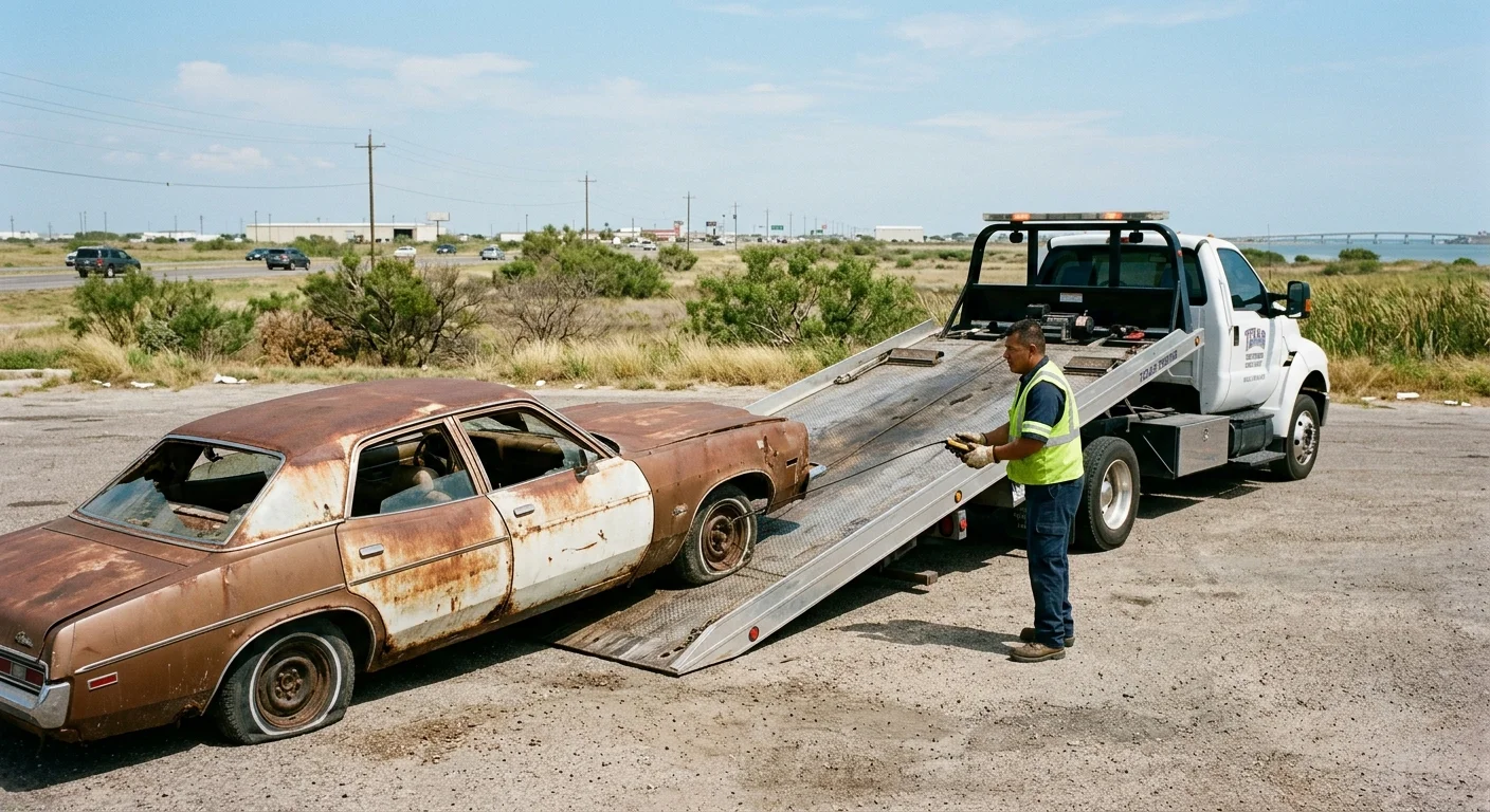 A tow truck loads an old junk car for removal in Corpus Christi