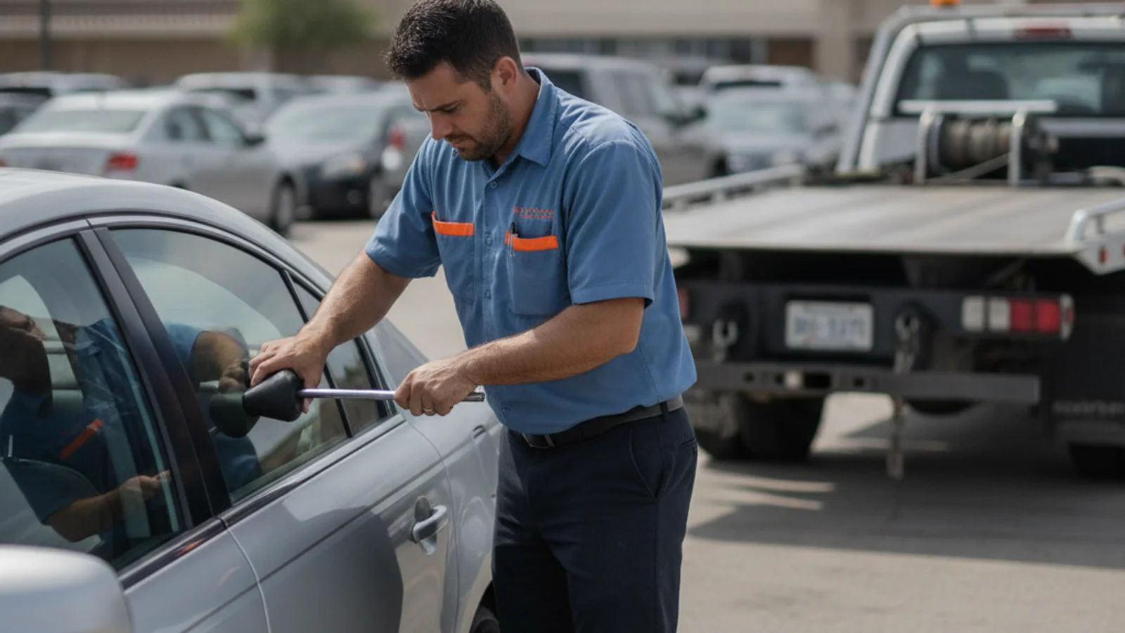 A tow operator using a long reach lockout tool to open a car door in an H-E-B parking lot in Corpus Christi during the day