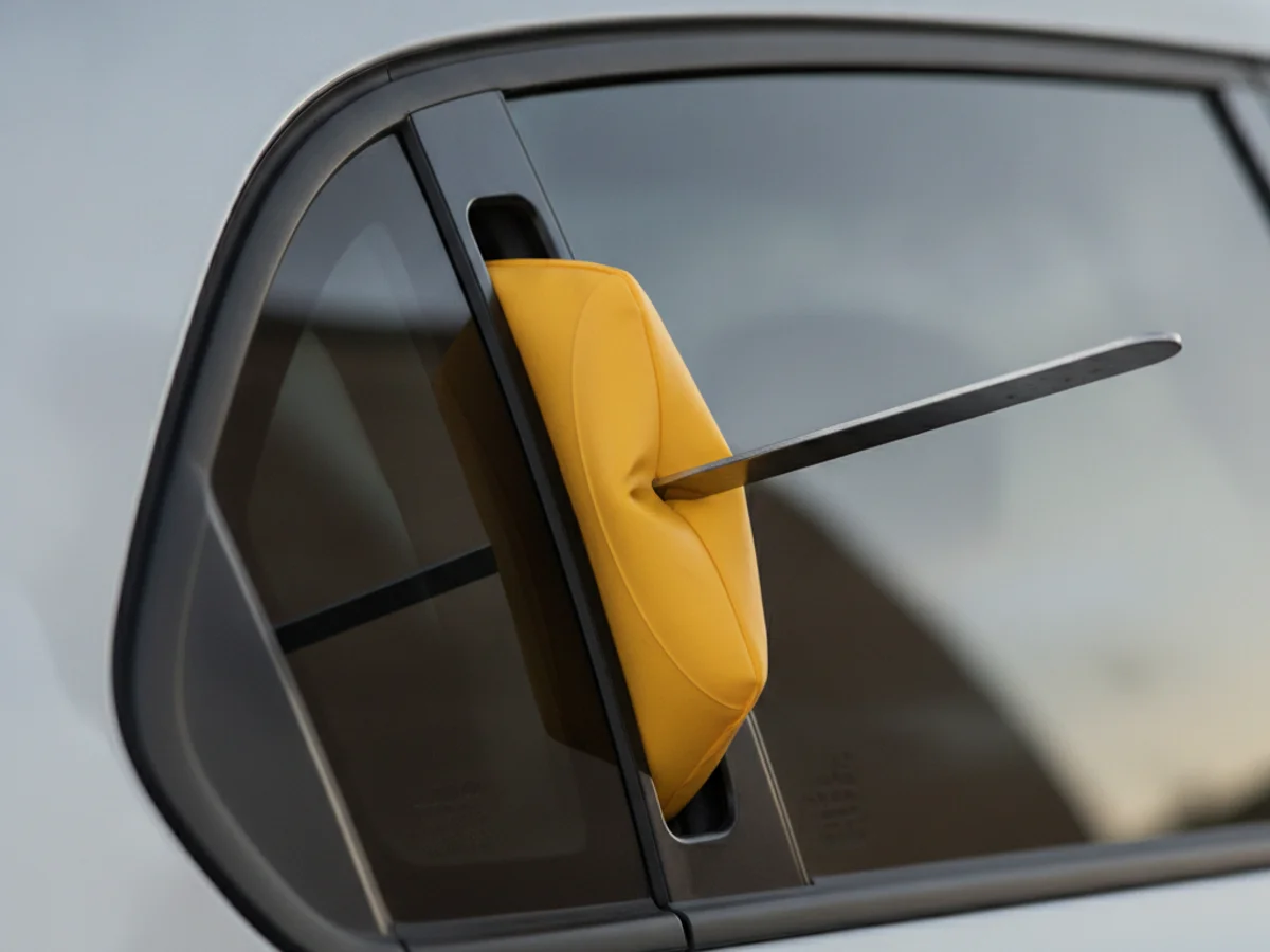 Close up of an air wedge and long reach tool positioned in the top corner of a car door frame during a lockout
