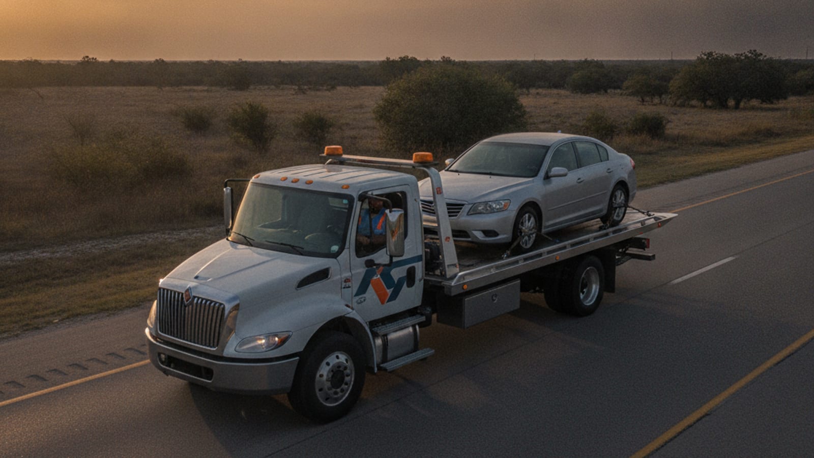 A loaded flatbed tow truck driving on a South Texas highway at sunrise heading out of Corpus Christi