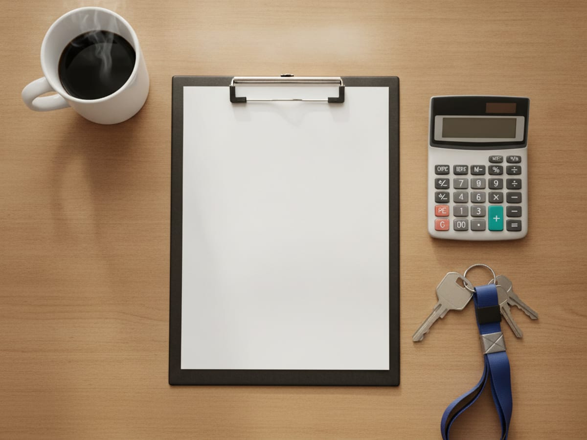 A dispatch clipboard, tow truck keys, and a calculator on a desk