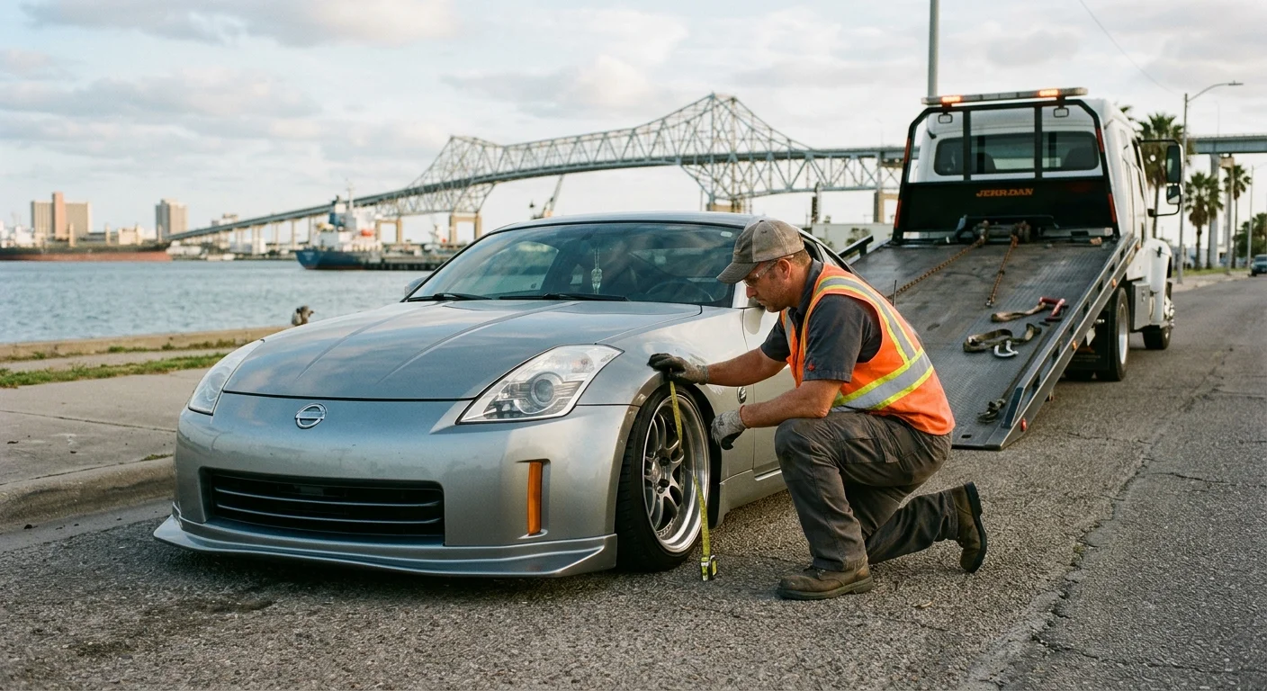 An independent tow operator assessing a lowered car in Corpus Christi