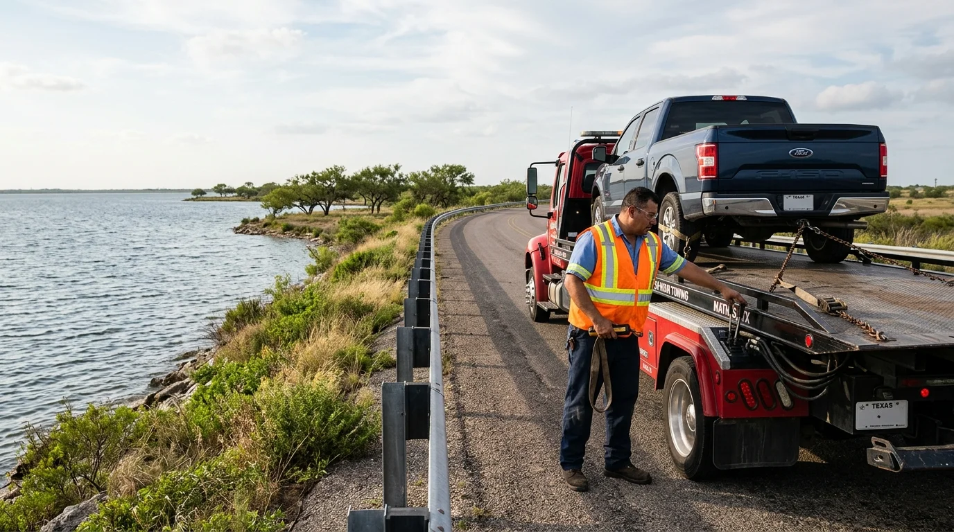 A tow truck on a lake road near Mathis, Texas