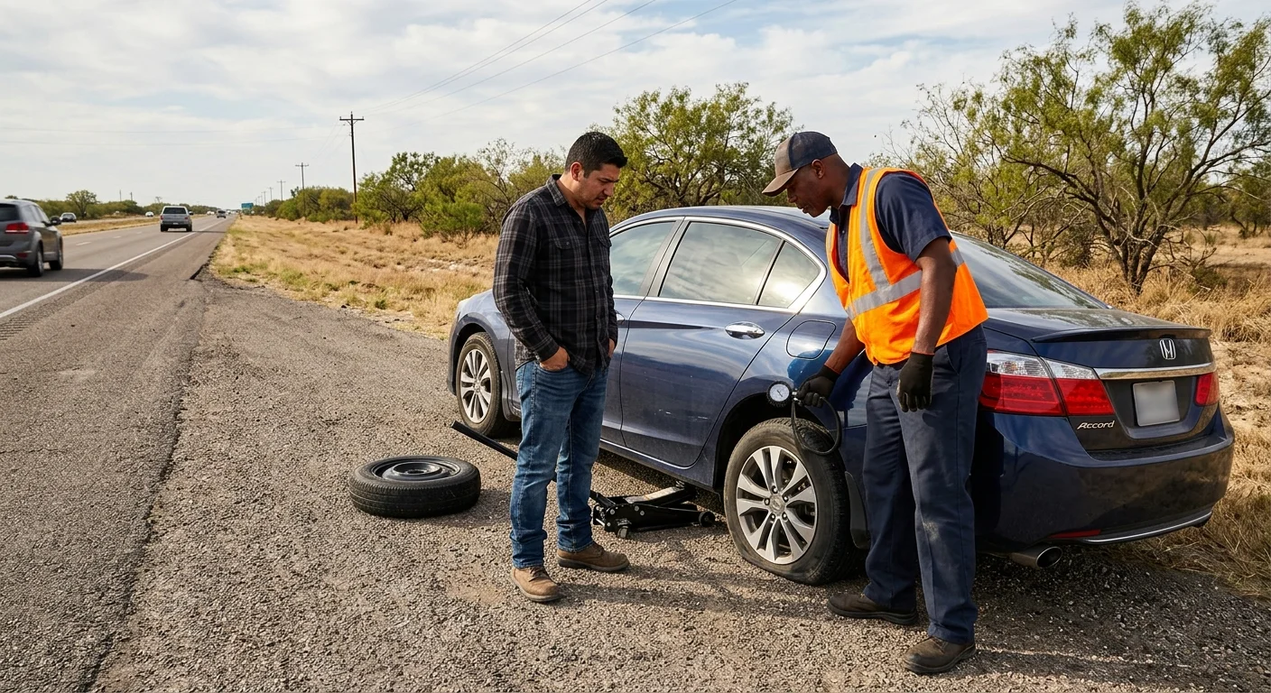 Driver and operator looking at a flat sedan tire on a South Texas roadside