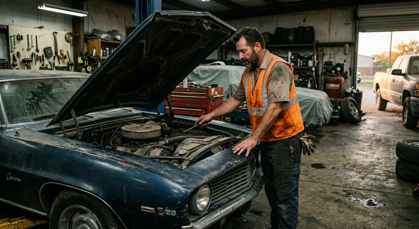 Independent operator inspecting a stored classic car in a South Texas garage