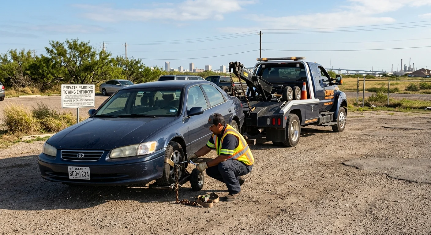 A tow truck removes a car from a private lot in Corpus Christi