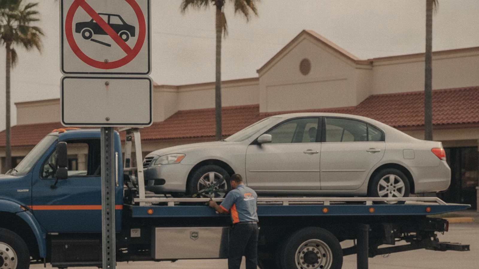 A flatbed tow truck hooking a sedan in a Corpus Christi shopping center parking lot next to a posted tow-away warning sign