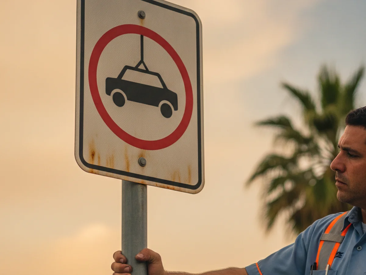 Close-up of a Texas tow-away warning sign with the international towing pictogram, posted on a pole in a private parking lot