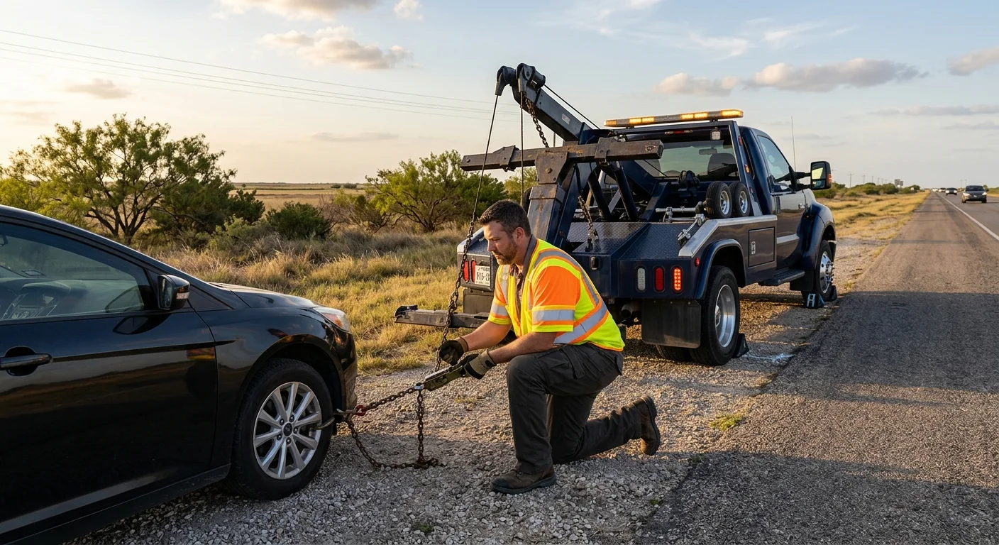 A tow operator helps a stranded driver on a Corpus Christi roadside