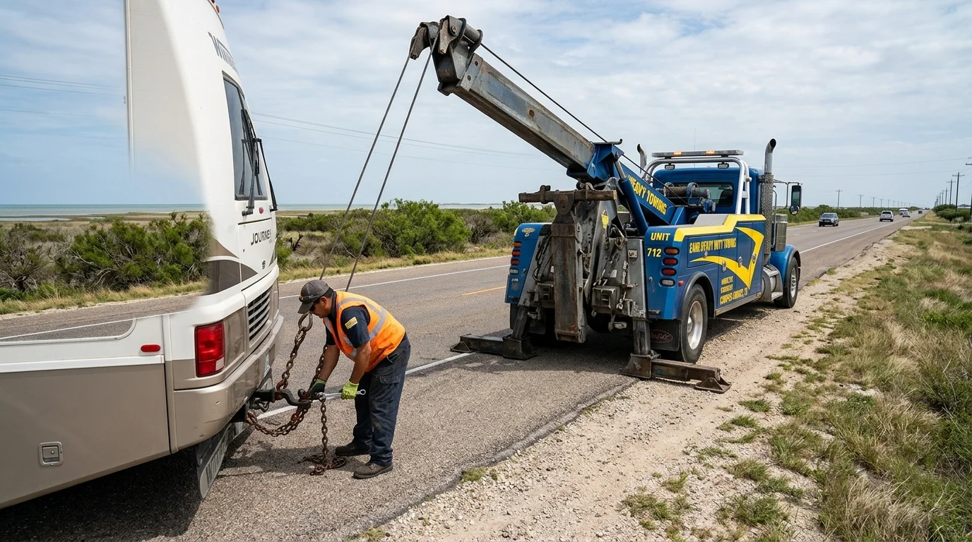 A heavy tow truck hooks up an RV near Corpus Christi, Texas