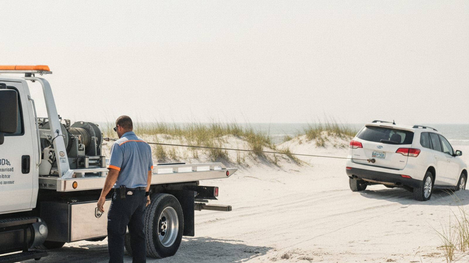 A Quick Tow Corpus Christi wrecker using its integrated winch to pull a stuck SUV out of soft sand near the tideline on Padre Island