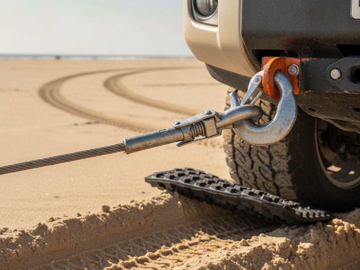 Close up of a winch hook attached to a vehicle's recovery point with a traction mat wedged under the rear tire in beach sand