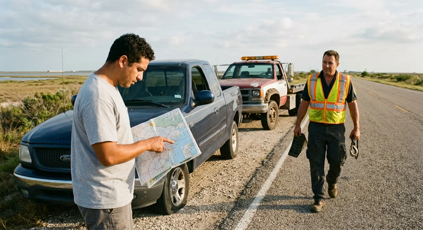 A stranded Corpus Christi driver checking a precise map pin while an independent tow operator approaches