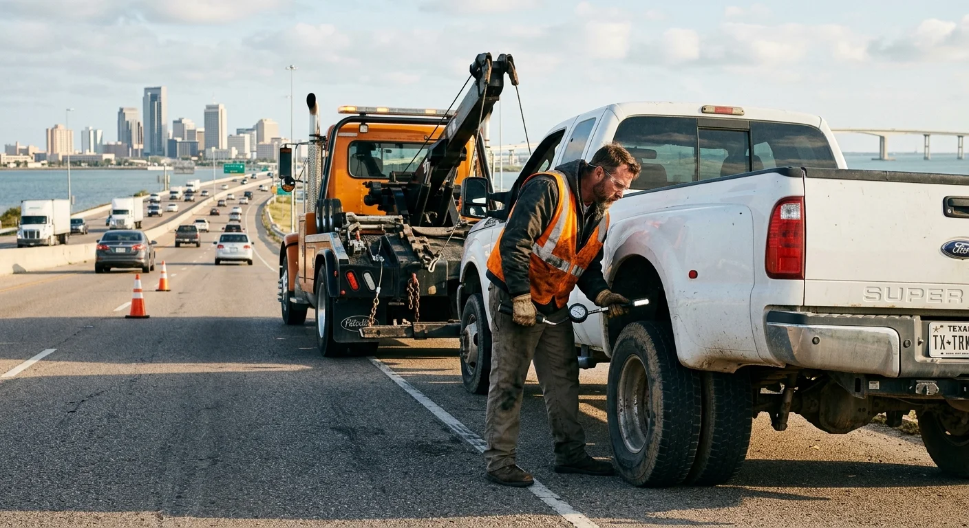 Tow operator assessing a disabled one-ton dually pickup
