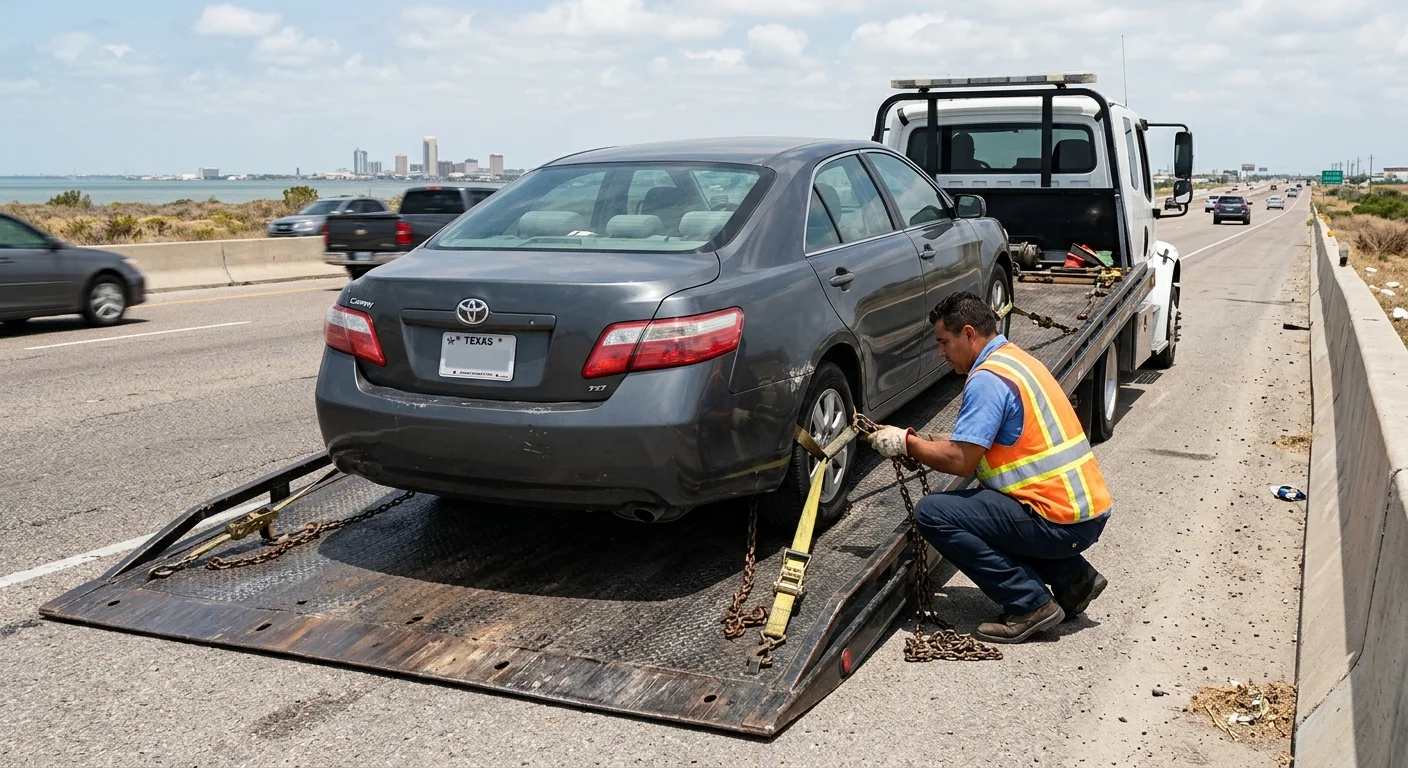 A disabled sedan prepared for long-distance transport by an independent tow operator
