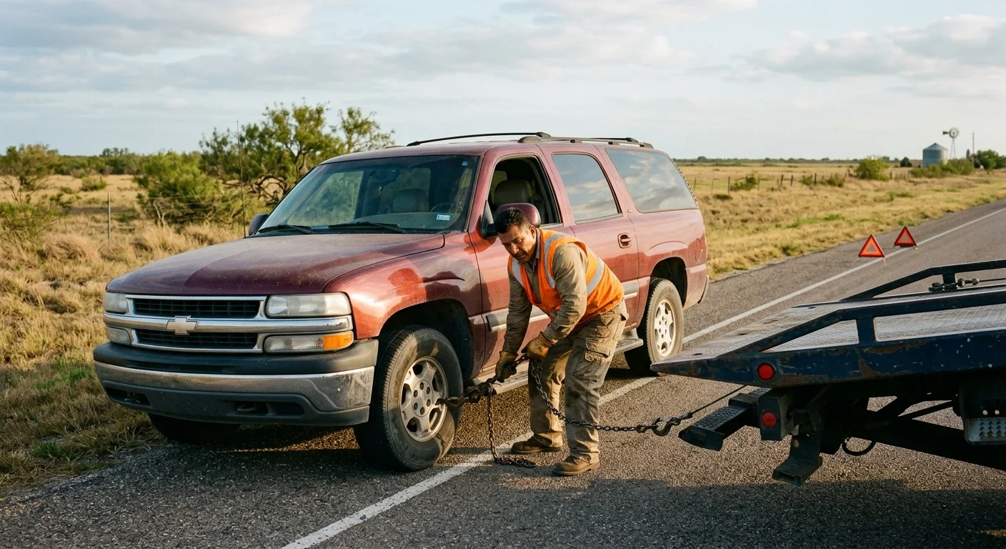 A disabled SUV with an independent tow operator near Kingsville, Texas