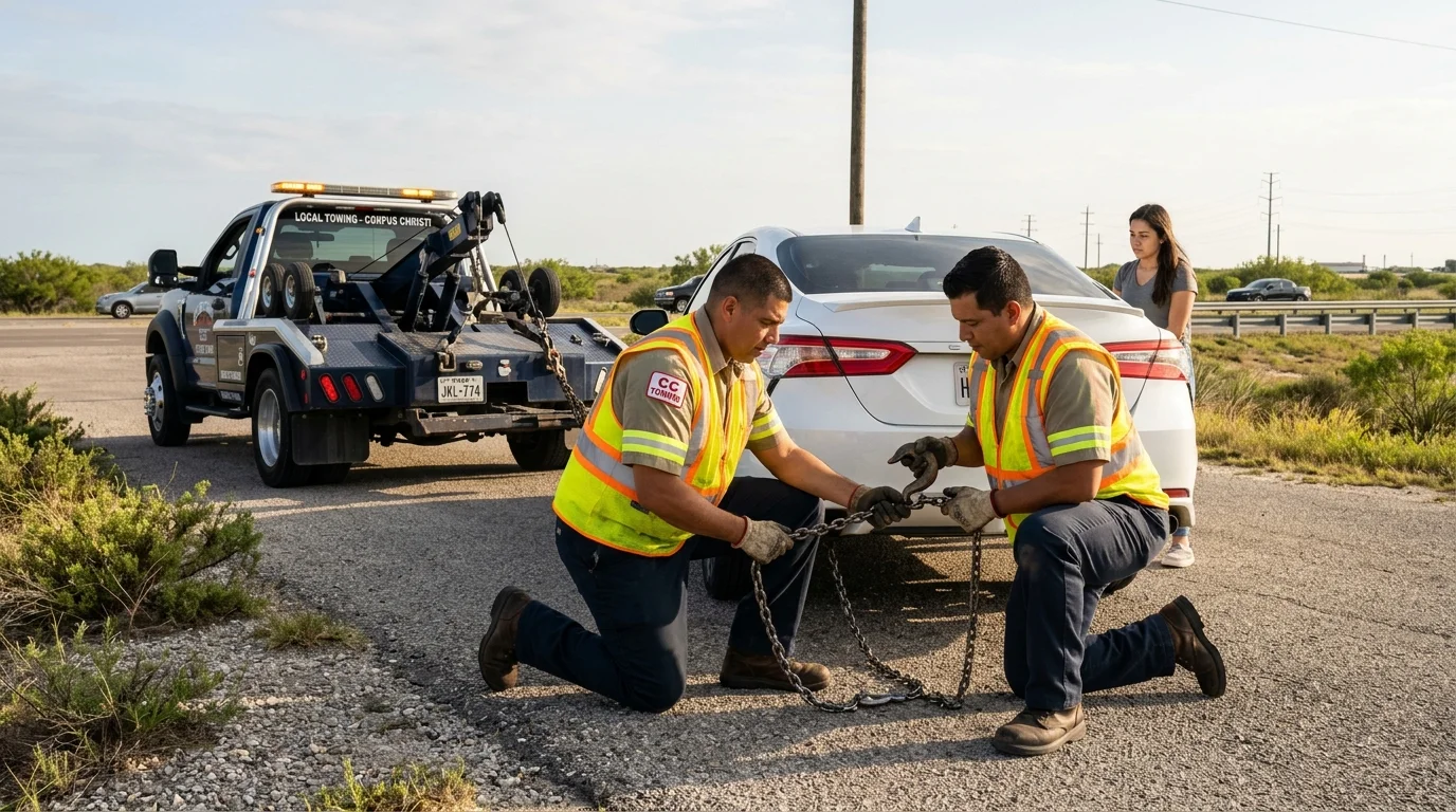 A local tow operator hooks a car for a driver in Corpus Christi
