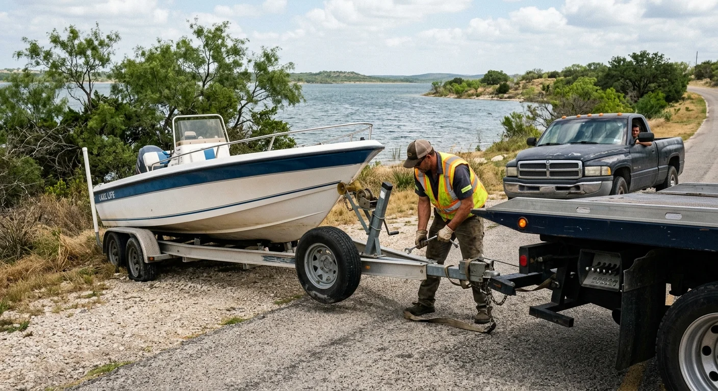 A tow truck helping with a disabled trailer on a rural road