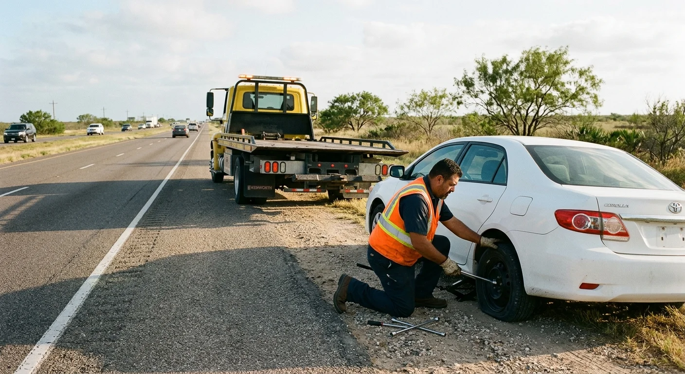 A tow operator works on a car at the roadside in Corpus Christi