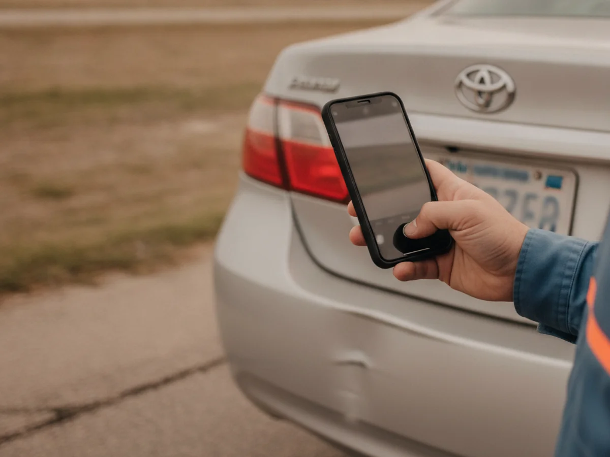 A driver's hand holding a phone to photograph license plate and bumper damage after a crash on a Corpus Christi roadside
